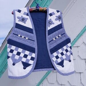 Fun handmade blue and white quilted grannycore vest